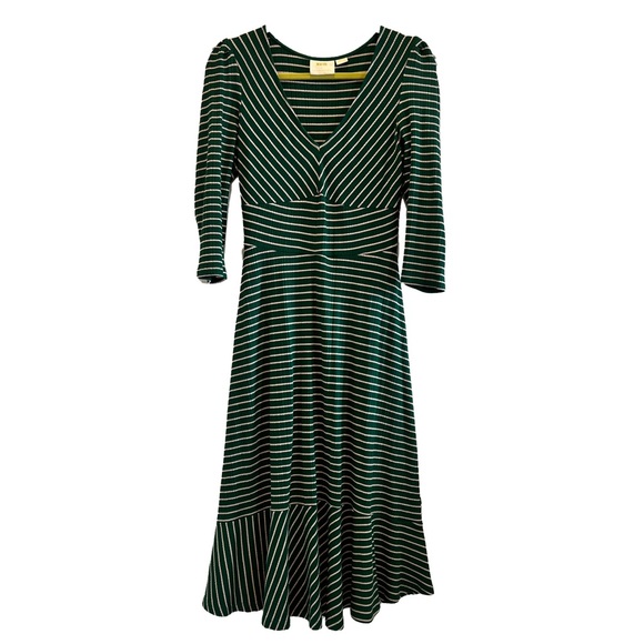 MAEVE ANTHROPOLOGIE Dress Green Beige Striped Ribbed Knit Stretch Midi Sz S 🤍 - Picture 3 of 7